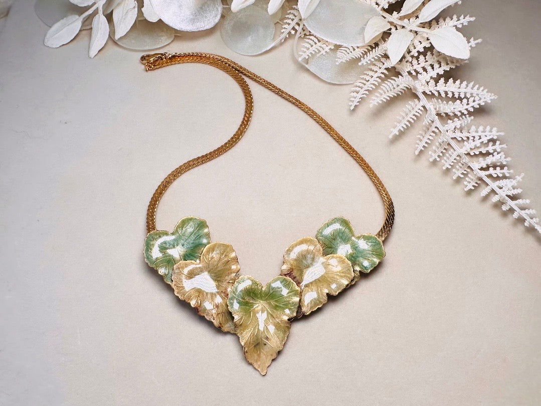 Vintage Gold Leaf Necklace with Green Enamel, Sculptural Leaves on Herringbone Gold Chain Necklace with Ornate Woodland Focal