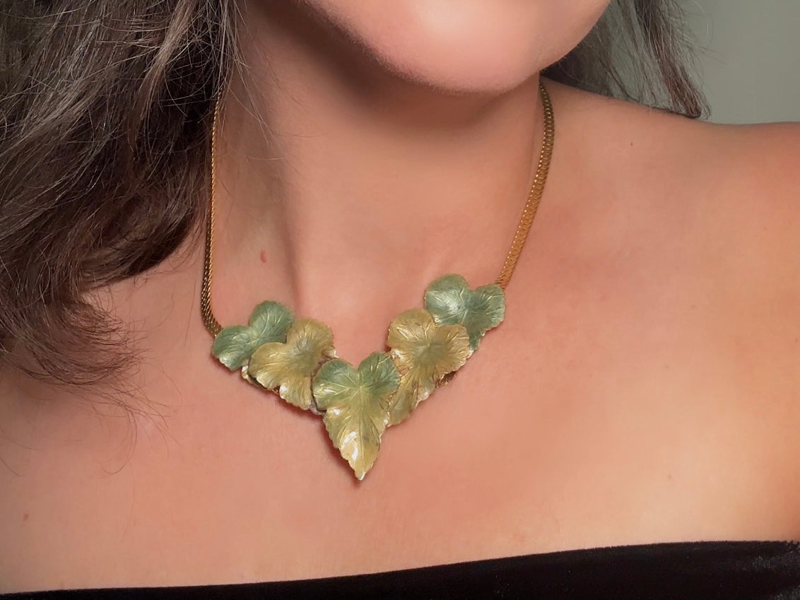 Vintage Gold Leaf Necklace with Green Enamel, Sculptural Leaves on Herringbone Gold Chain Necklace with Ornate Woodland Focal