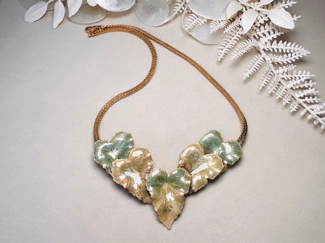 Vintage Gold Leaf Necklace with Green Enamel, Sculptural Leaves on Herringbone Gold Chain Necklace with Ornate Woodland Focal