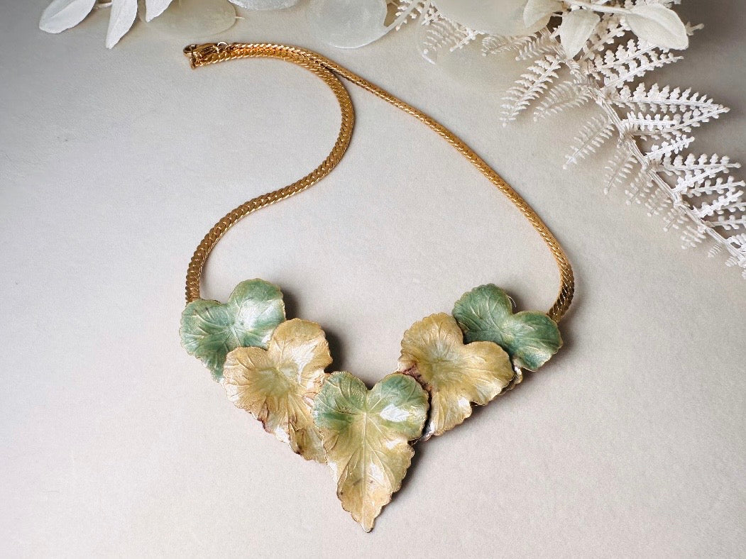 Vintage Gold Leaf Necklace with Green Enamel, Sculptural Leaves on Herringbone Gold Chain Necklace with Ornate Woodland Focal