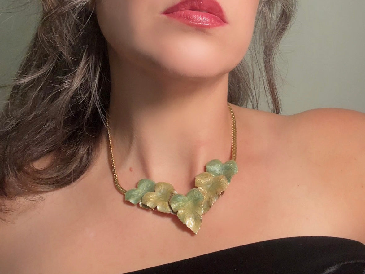 Vintage Gold Leaf Necklace with Green Enamel, Sculptural Leaves on Herringbone Gold Chain Necklace with Ornate Woodland Focal
