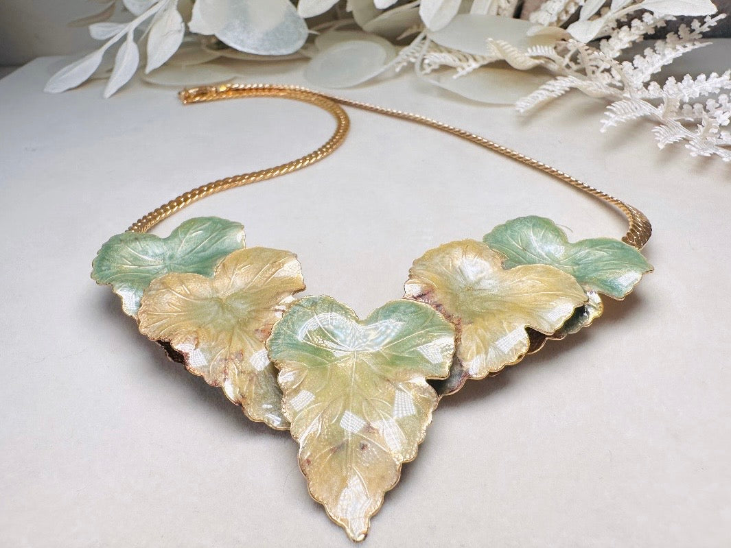 Vintage Gold Leaf Necklace with Green Enamel, Sculptural Leaves on Herringbone Gold Chain Necklace with Ornate Woodland Focal