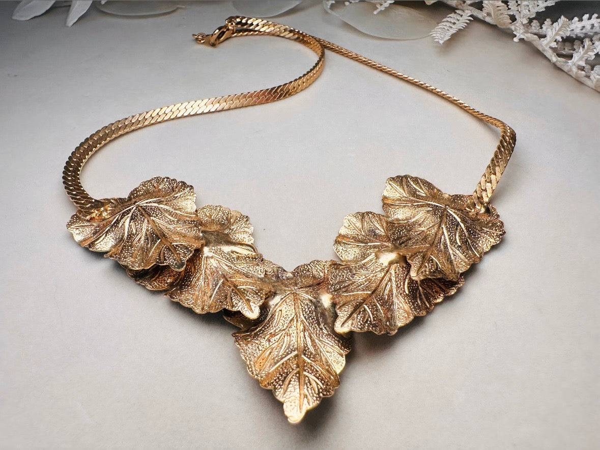 Vintage Gold Leaf Necklace with Green Enamel, Sculptural Leaves on Herringbone Gold Chain Necklace with Ornate Woodland Focal