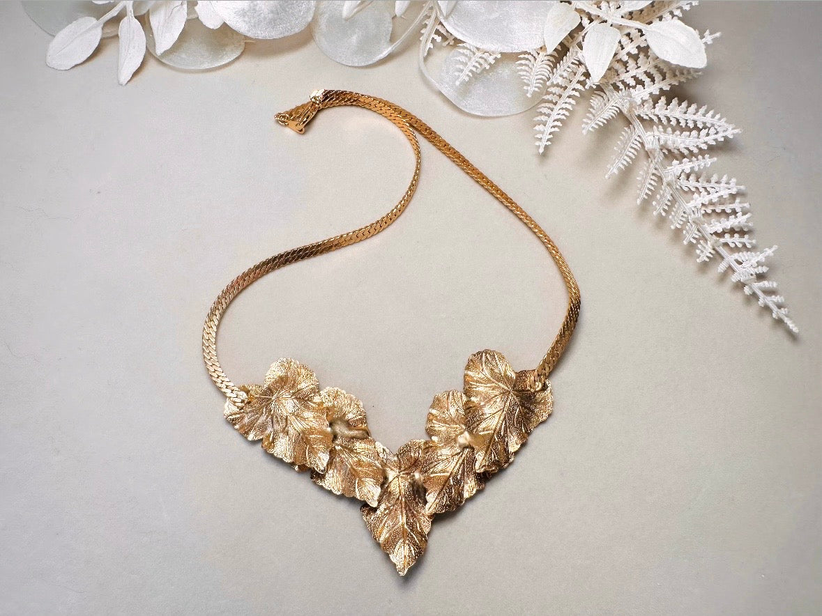 Vintage Gold Leaf Necklace with Green Enamel, Sculptural Leaves on Herringbone Gold Chain Necklace with Ornate Woodland Focal