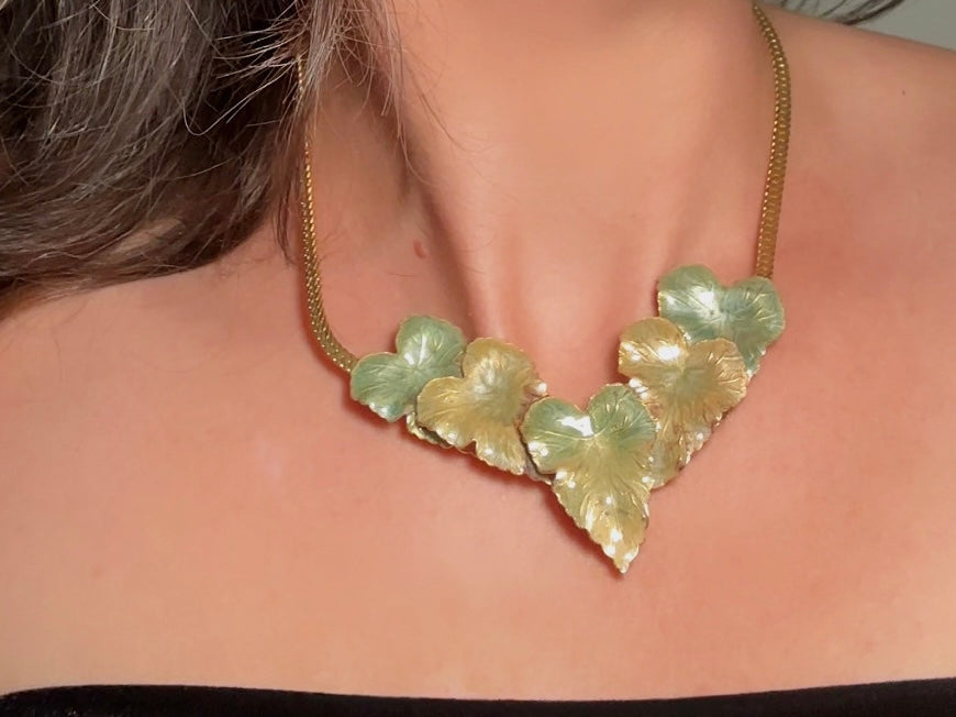 Vintage Gold Leaf Necklace with Green Enamel, Sculptural Leaves on Herringbone Gold Chain Necklace with Ornate Woodland Focal