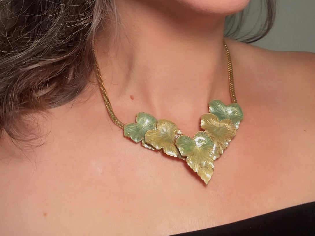 Vintage Gold Leaf Necklace with Green Enamel, Sculptural Leaves on Herringbone Gold Chain Necklace with Ornate Woodland Focal