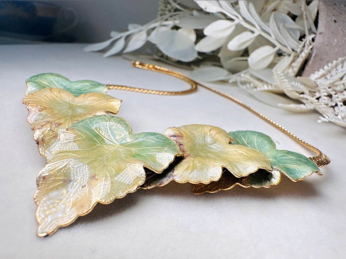 Vintage Gold Leaf Necklace with Green Enamel, Sculptural Leaves on Herringbone Gold Chain Necklace with Ornate Woodland Focal