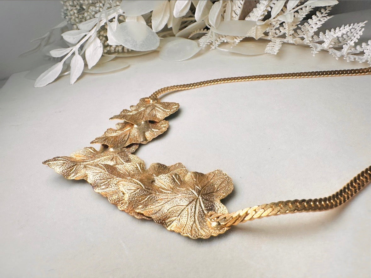 Vintage Gold Leaf Necklace with Green Enamel, Sculptural Leaves on Herringbone Gold Chain Necklace with Ornate Woodland Focal