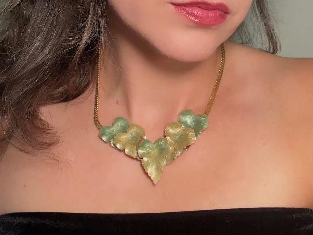 Vintage Gold Leaf Necklace with Green Enamel, Sculptural Leaves on Herringbone Gold Chain Necklace with Ornate Woodland Focal
