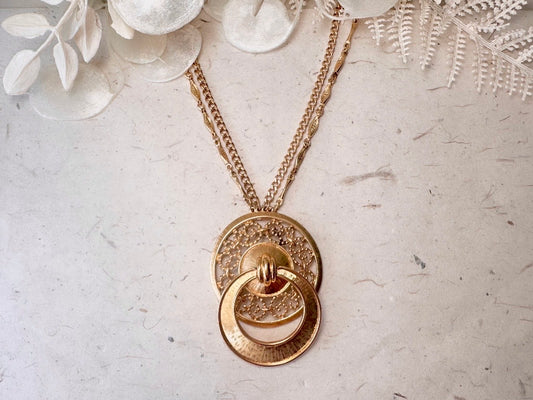 Vintage Gold Monet Door Knocker Pendant Necklace, Bold 1970s Double Strand Chain Necklace with Oversized Florentine Pendant