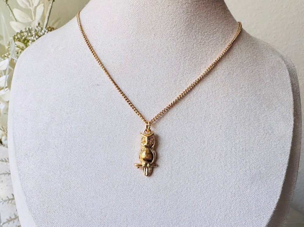 Vintage Gold Owl Pendant Necklace, 1981 Dainty Vintage Avon Owl Necklace