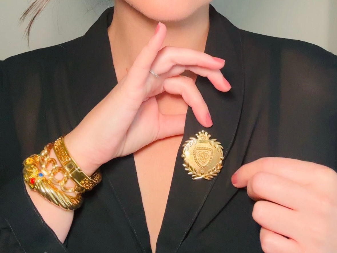 Vintage Gold Shield Brooch, Heraldic Coat of Arms Pin worn for size reference