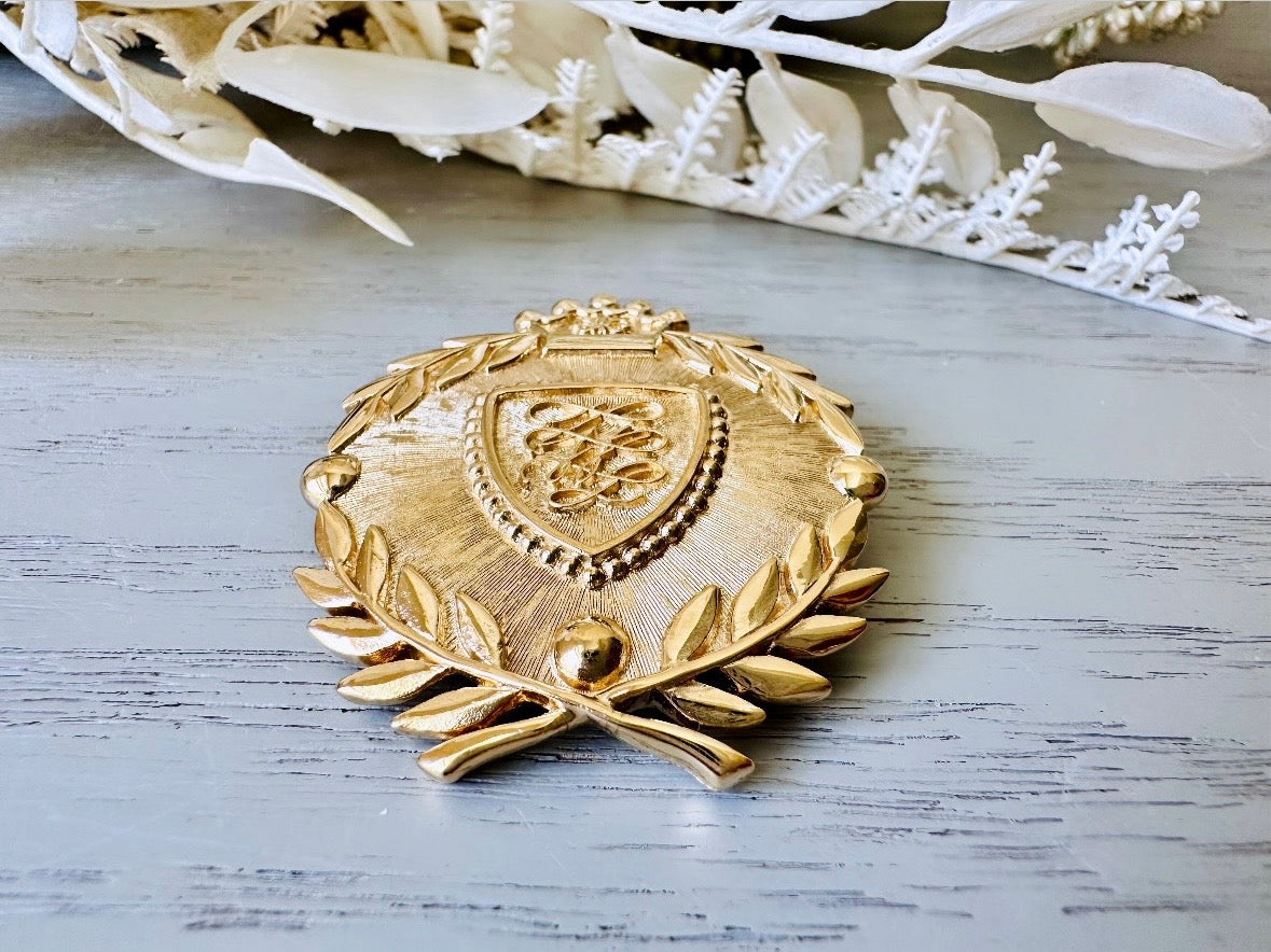 Vintage Gold Shield Brooch, Heraldic Coat of Arms Pin bottom view