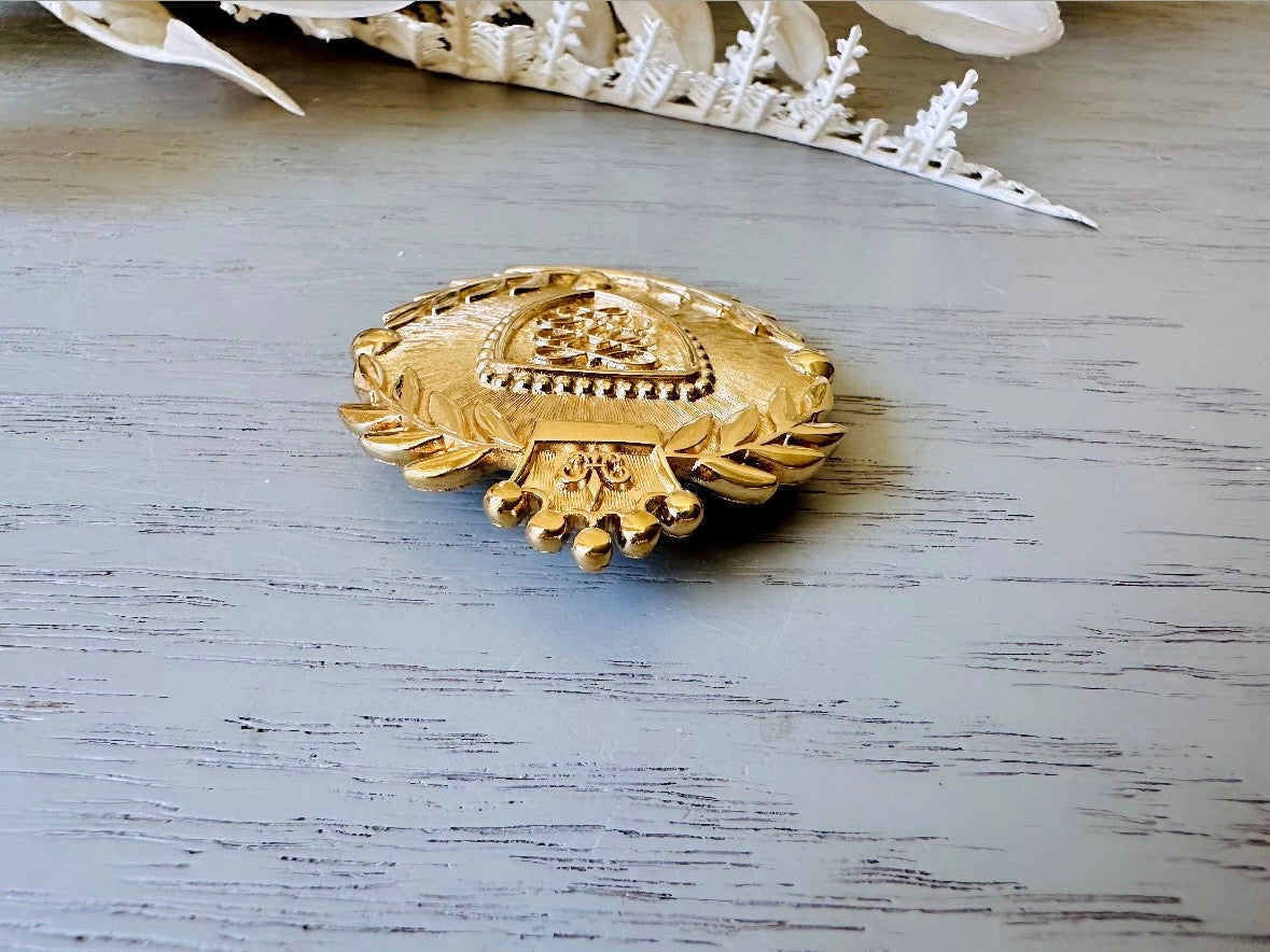 Vintage Gold Shield Brooch, Heraldic Coat of Arms Pin top view