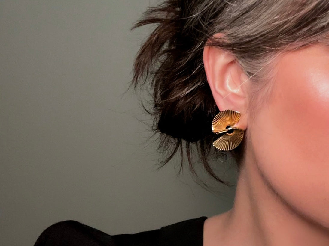 Vintage Gold Spiral Earrings, 80s Gold Helix Sculptural Pierced Earring from Piggle and Pop modelled by Bethan Jayne