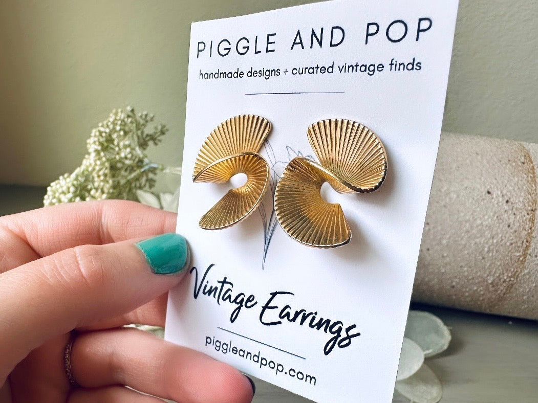 Vintage Gold Spiral Earrings, 80s Gold Helix Sculptural Pierced Earring from Piggle and Pop in handmade cards