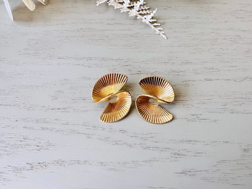 Vintage Gold Spiral Earrings, 80s Gold Helix Sculptural Pierced Earrings top view