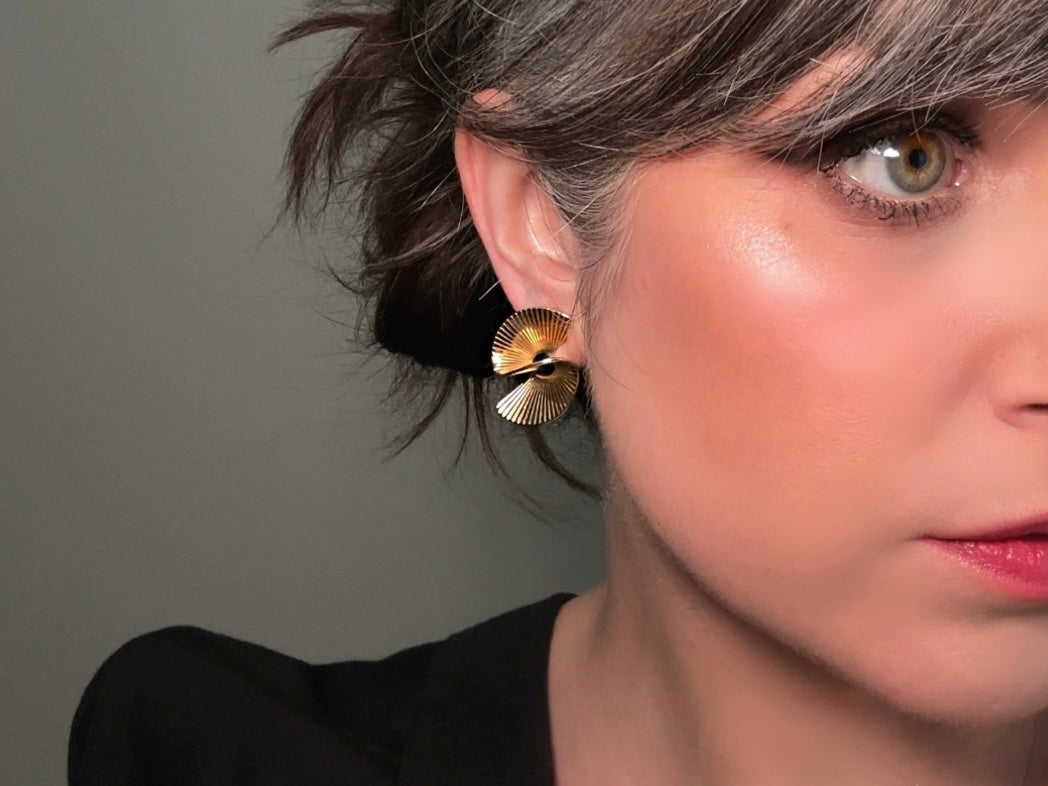 Vintage Gold Spiral Earrings, 80s Gold Helix Sculptural Pierced Earrings Modelled by owner Bethan Jayne