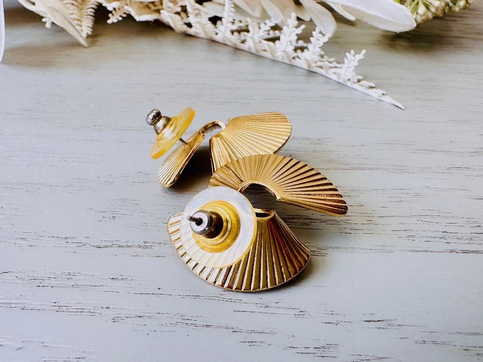 Vintage Gold Spiral Earrings, 80s Gold Helix Sculptural Pierced Earrings view of pierced post backs