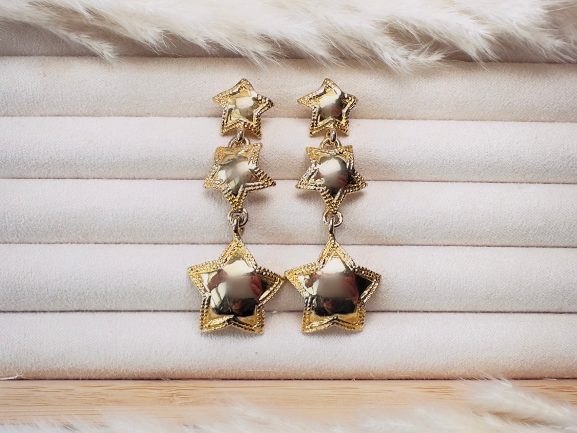 Vintage Gold Star Earrings, Celestial Drop Earrings, Whimsical Triple Star Dangle Earrings