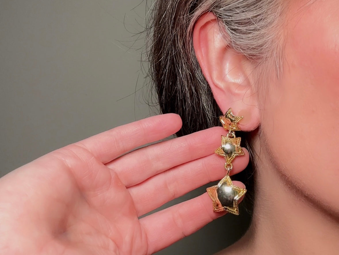 Vintage Gold Star Earrings, Celestial Drop Earrings, Whimsical Triple Star Dangle Earrings
