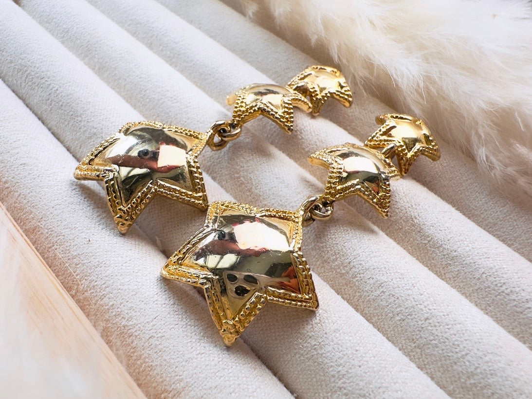 Vintage Gold Star Earrings, Celestial Drop Earrings, Whimsical Triple Star Dangle Earrings