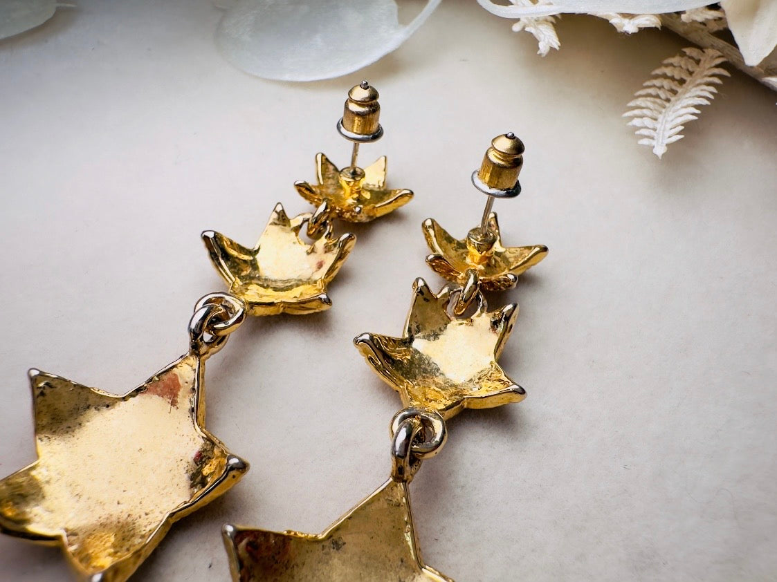 Vintage Gold Star Earrings, Celestial Drop Earrings, Whimsical Triple Star Dangle Earrings