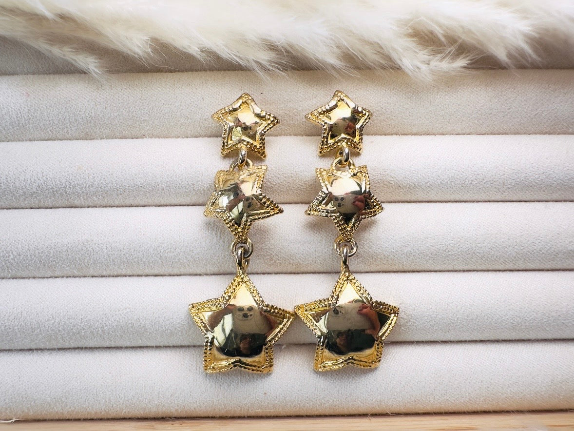 Vintage Gold Star Earrings, Celestial Drop Earrings, Whimsical Triple Star Dangle Earrings