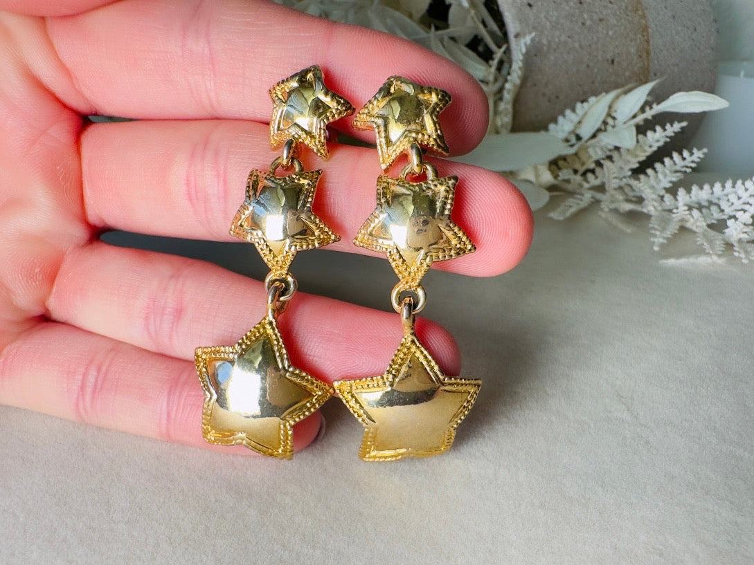 Vintage Gold Star Earrings, Celestial Drop Earrings, Whimsical Triple Star Dangle Earrings