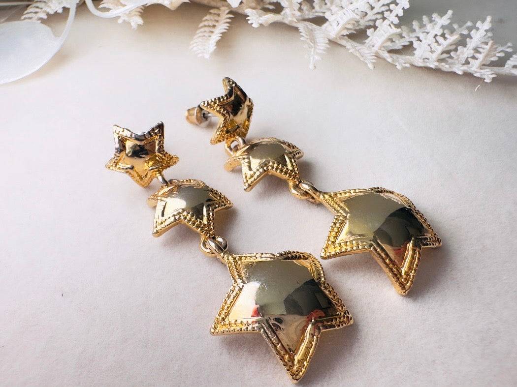 Vintage Gold Star Earrings, Celestial Drop Earrings, Whimsical Triple Star Dangle Earrings