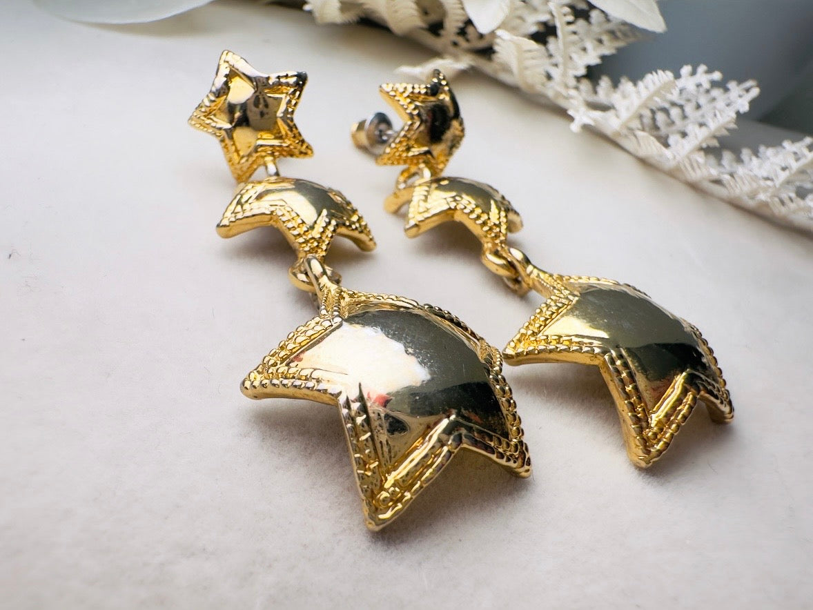 Vintage Gold Star Earrings, Celestial Drop Earrings, Whimsical Triple Star Dangle Earrings