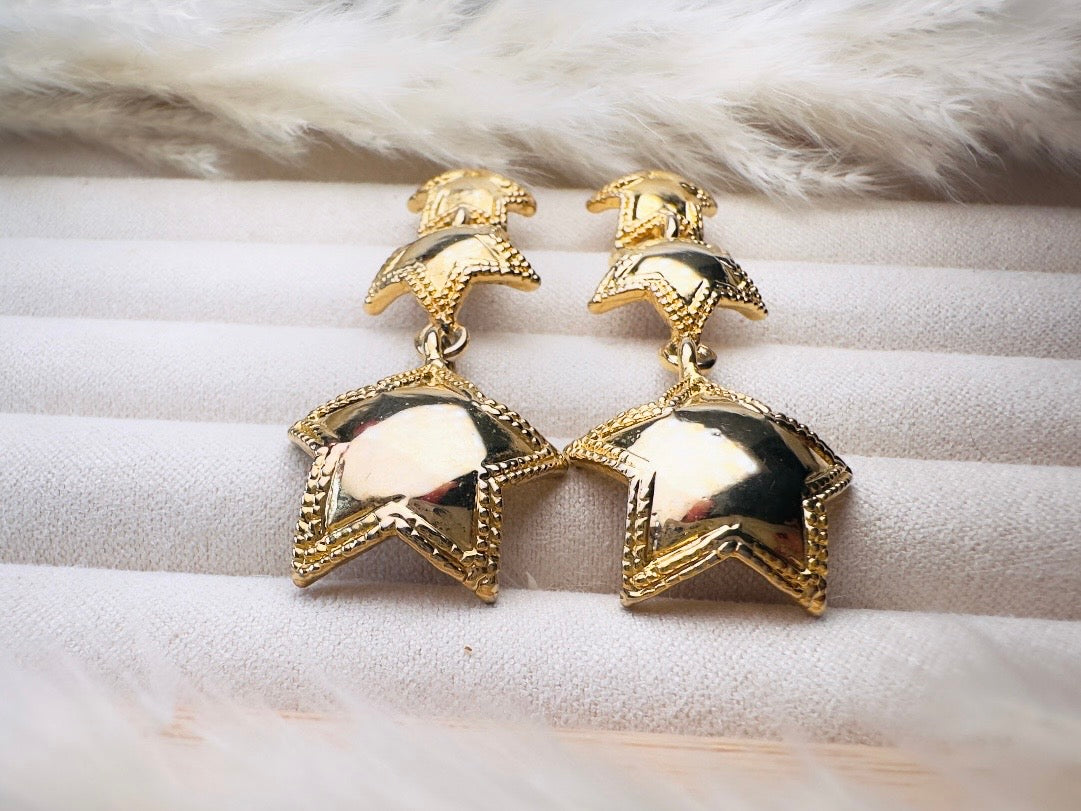 Vintage Gold Star Earrings, Celestial Drop Earrings, Whimsical Triple Star Dangle Earrings