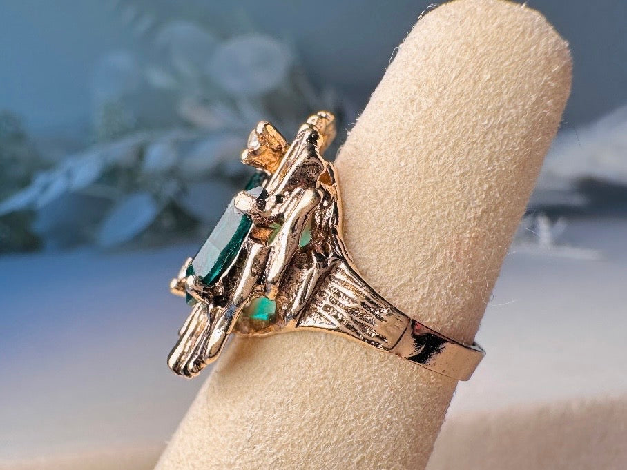 Vintage Green Cocktail Ring, 18k Brutalist Ring with Faux Emeralds