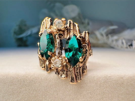 Vintage Green Cocktail Ring, 18k Brutalist Ring with Faux Emeralds Size 5