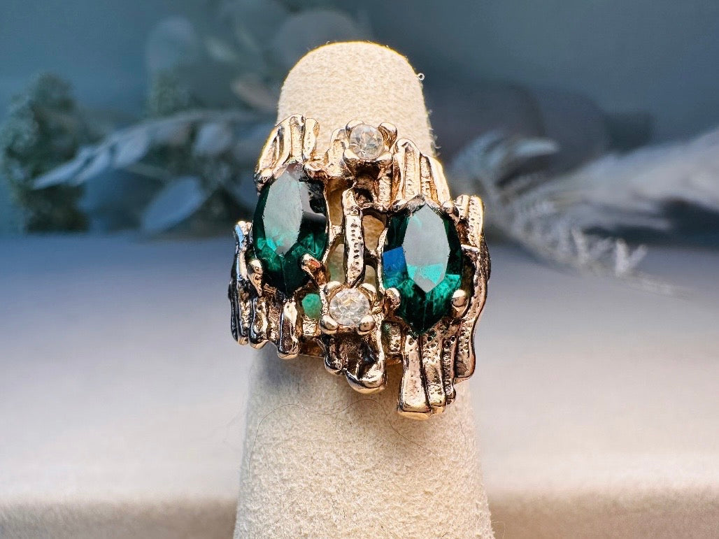 Vintage Green Cocktail Ring, 18k Brutalist Ring with Faux Emeralds Size 5