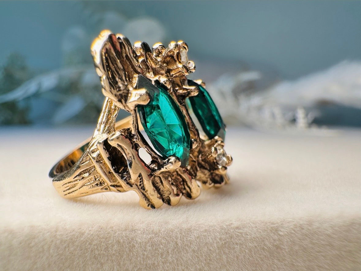 Vintage Green Cocktail Ring, 18k Brutalist Ring with Faux Emeralds Size 5