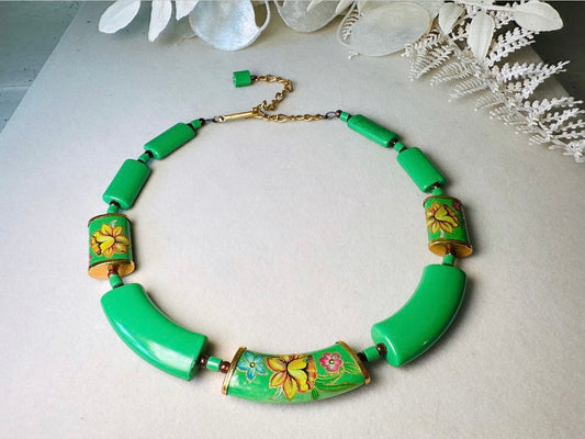 Vintage Green Porcelain Necklace with Yellow Daffodils, 1950s Japanese Colorful Flower Choker