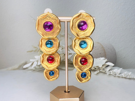 Vintage Gripoix Earrings, Colorful Oversized Gold Tiered Drop Earrings with Glass Cabochons in Purple, Red and Blue