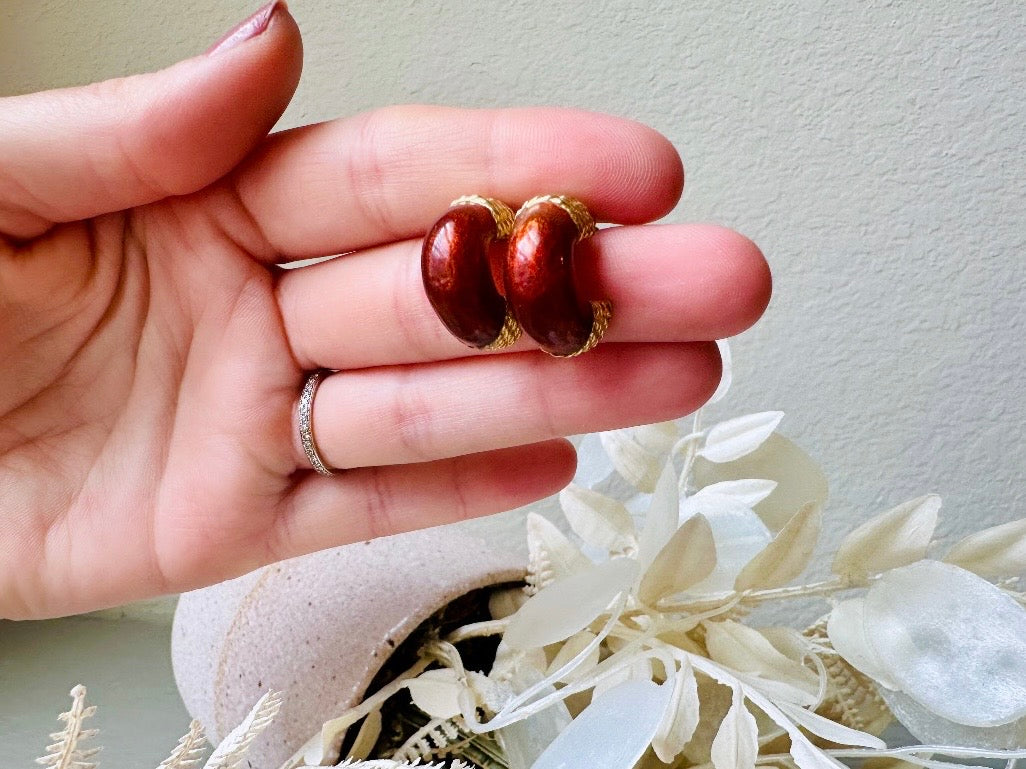 Vintage Half Hoop Earrings, Pearlized Bronze Enamel and Gold Huggie Hoop Pierced Earrings with Gold Rope Detail 80s Mogul Style Hoop Earring from Piggle and Pop