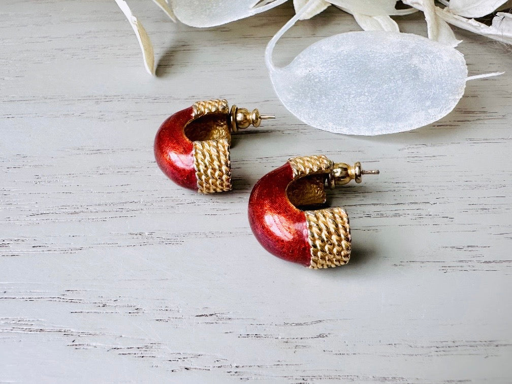 Vintage Half Hoop Earrings, Pearlized Bronze Enamel and Gold Huggie Hoop Pierced Earrings with Gold Rope Detail 80s Mogul Style Hoop Earring from Piggle and Pop