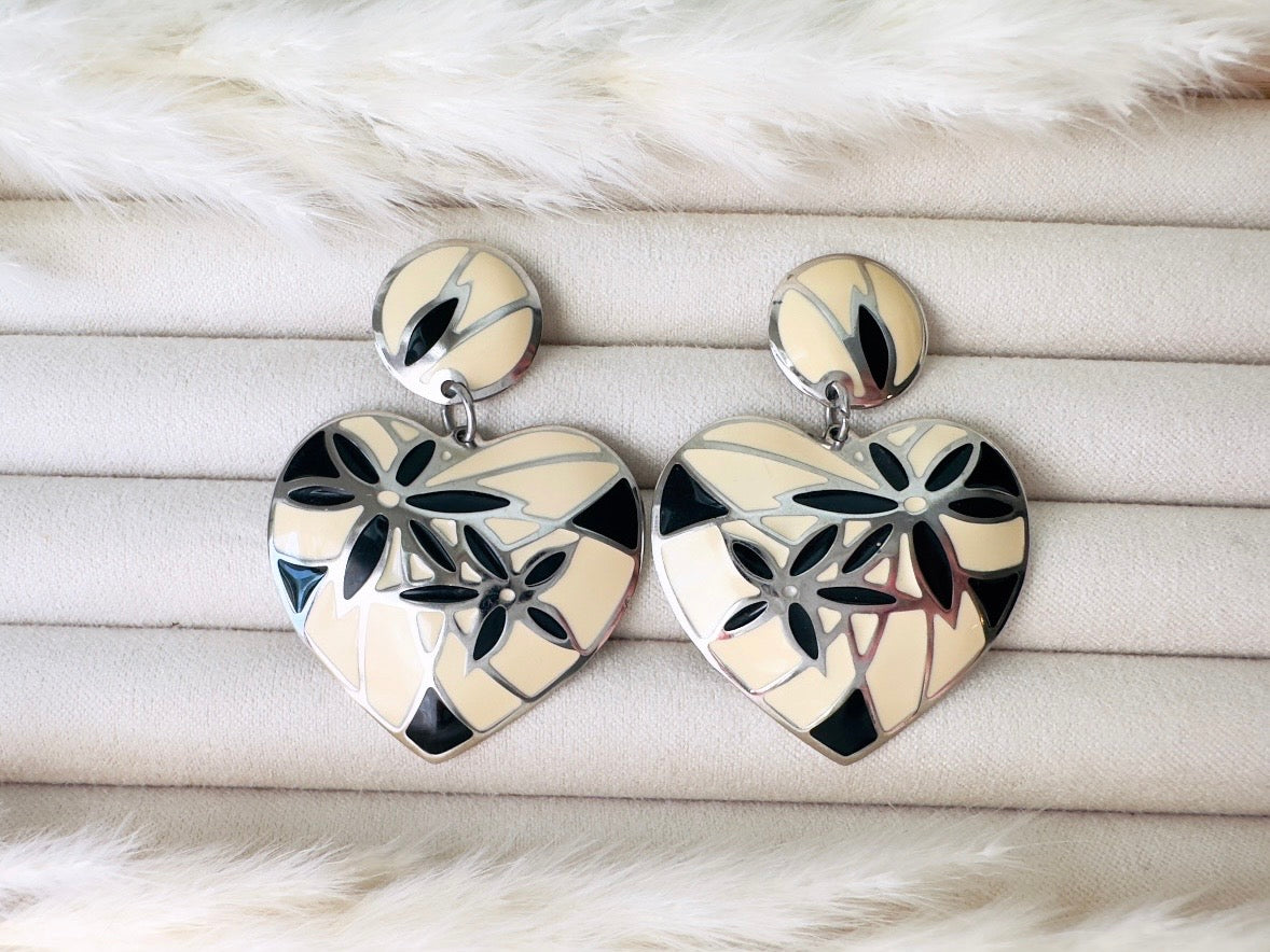Vintage Heart Earrings, Black and Cream Mosaic Heart Dangle Earrings
