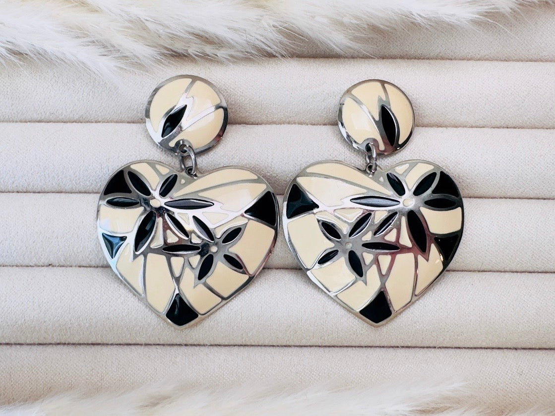 Vintage Heart Earrings, Black and Cream Mosaic Heart Dangle Earrings