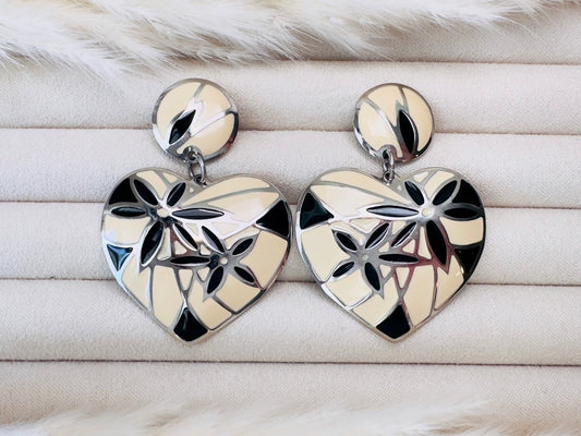 Vintage Heart Earrings, Black and Cream Mosaic Heart Dangle Earrings