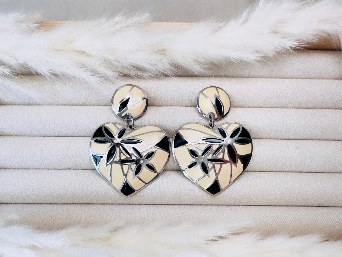 Vintage Heart Earrings, Black and Cream Mosaic Heart Dangle Earrings