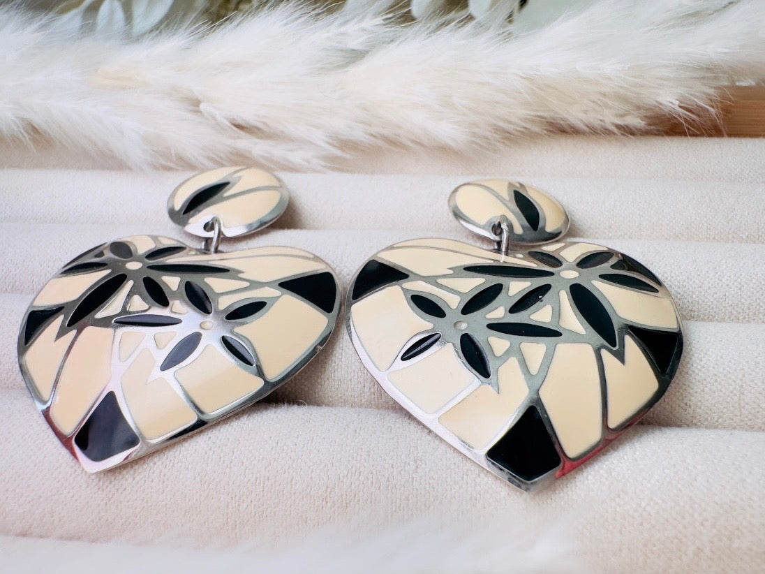 Vintage Heart Earrings, Black and Cream Mosaic Heart Dangle Earrings