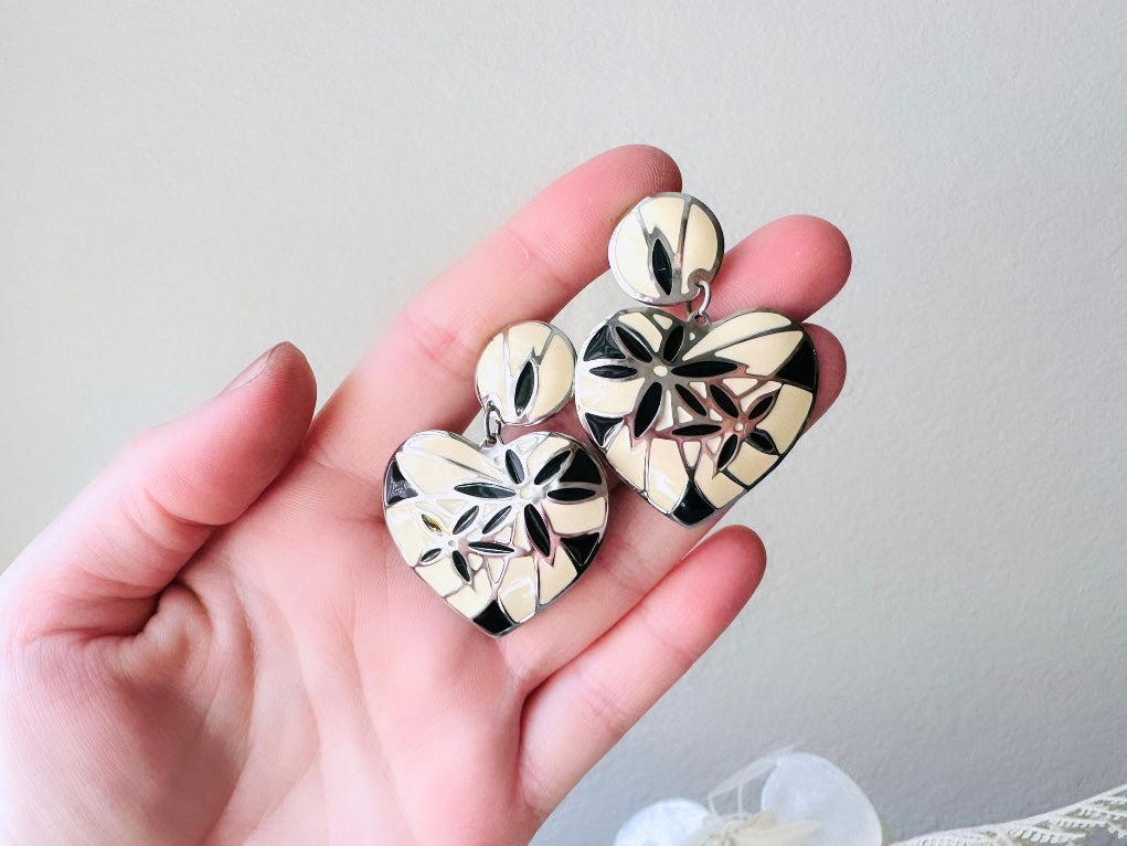 Vintage Heart Earrings, Signed Designer Berebi Vintage Black and Cream Mosaic Drop Earrings