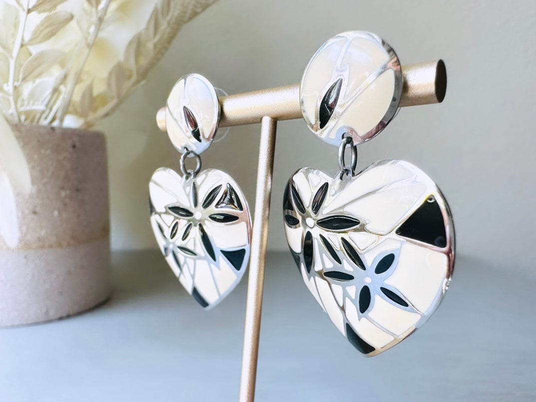Vintage Heart Earrings, Signed Designer Berebi Vintage Black and Cream Mosaic Drop Earrings 2