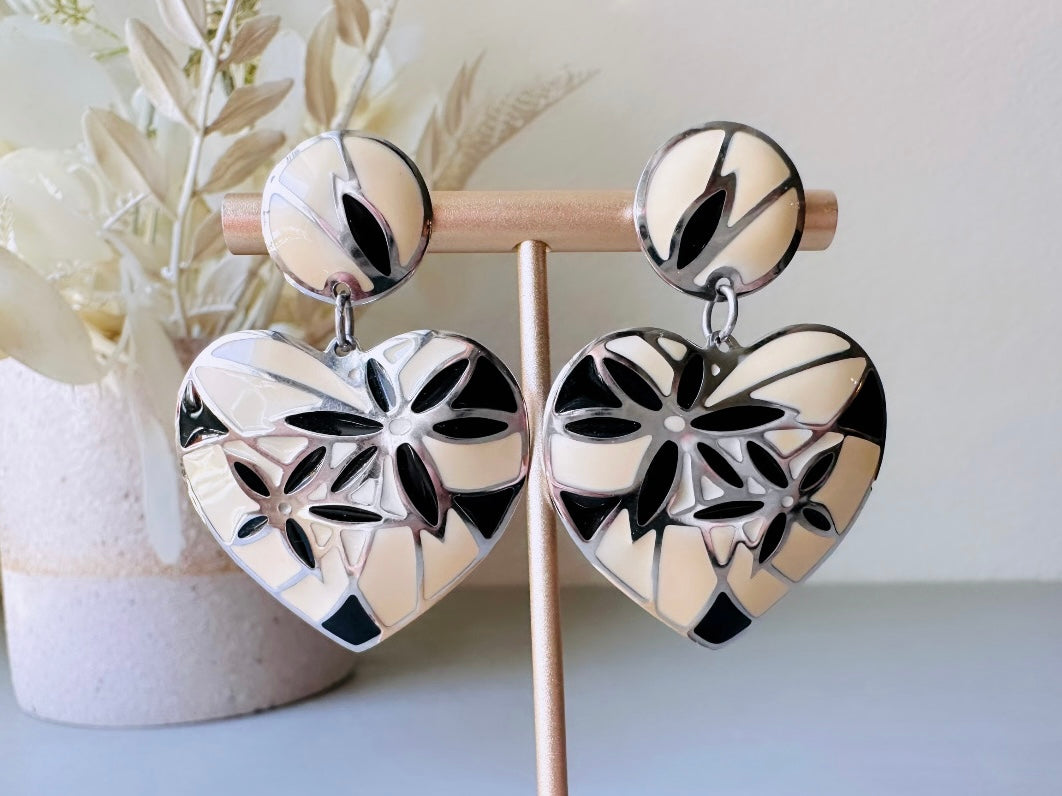 Vintage Heart Earrings, Signed Designer Berebi Vintage Black and Cream Mosaic Drop Earrings 3