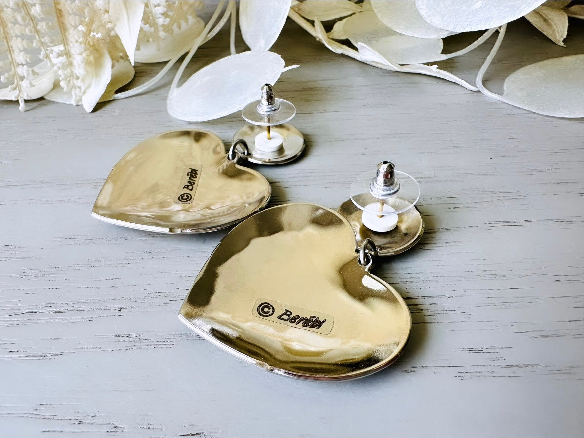 Vintage Heart Earrings, Signed Designer Berebi Vintage Black and Cream Mosaic Drop Earrings 6