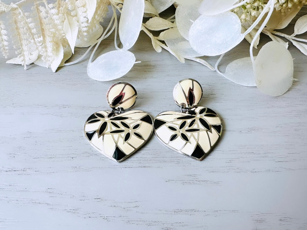 Vintage Heart Earrings, Signed Designer Berebi Vintage Black and Cream Mosaic Drop Earrings 7